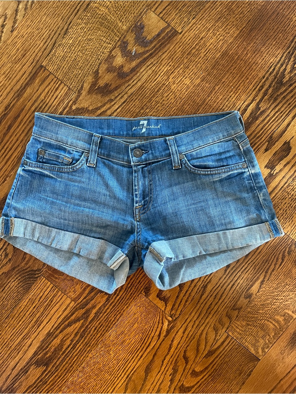 7 For All Mankind Light Blue Rolled-Hem Denim Shorts